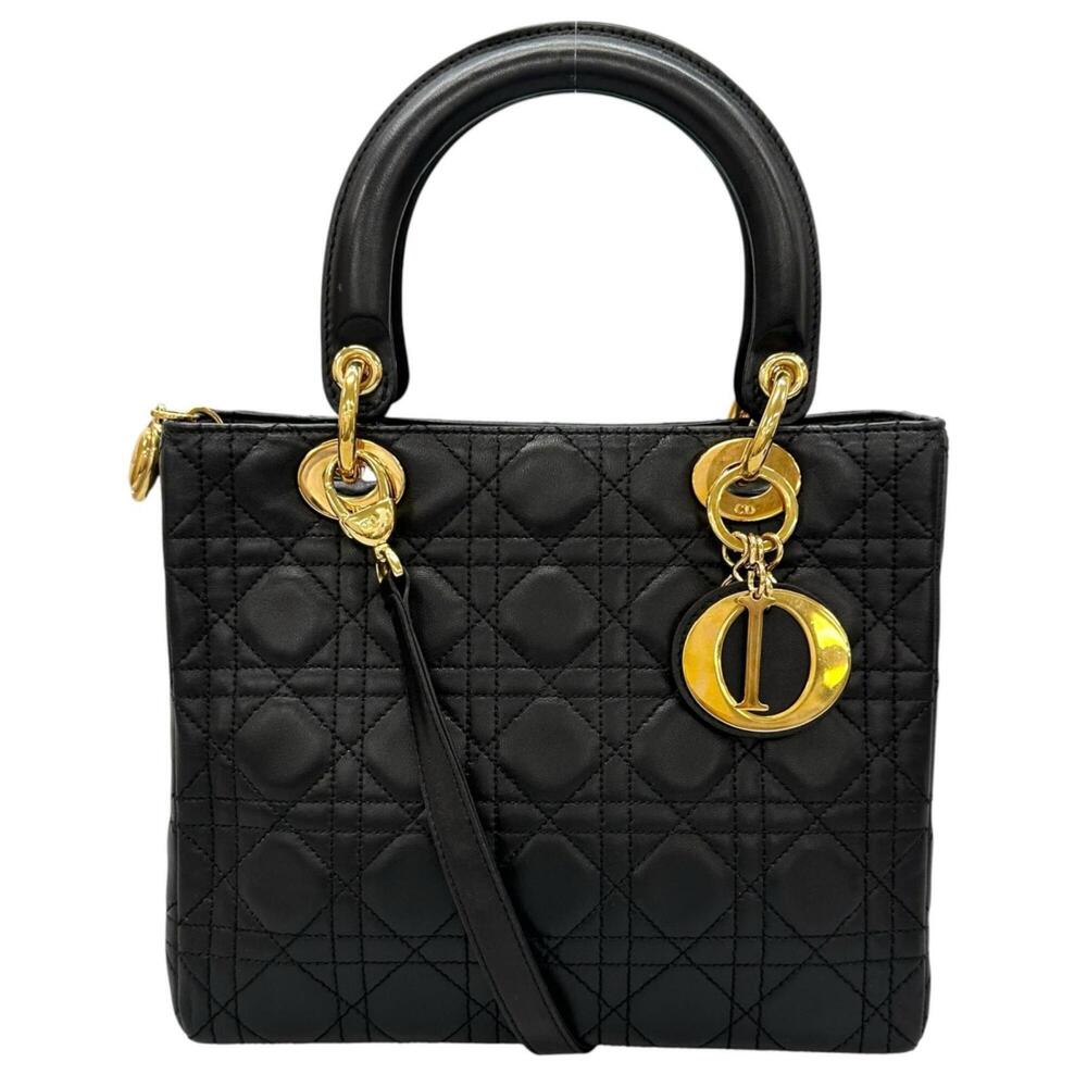Christian Dior Dior Lady handbag, lambskin, black, women's, medium size.